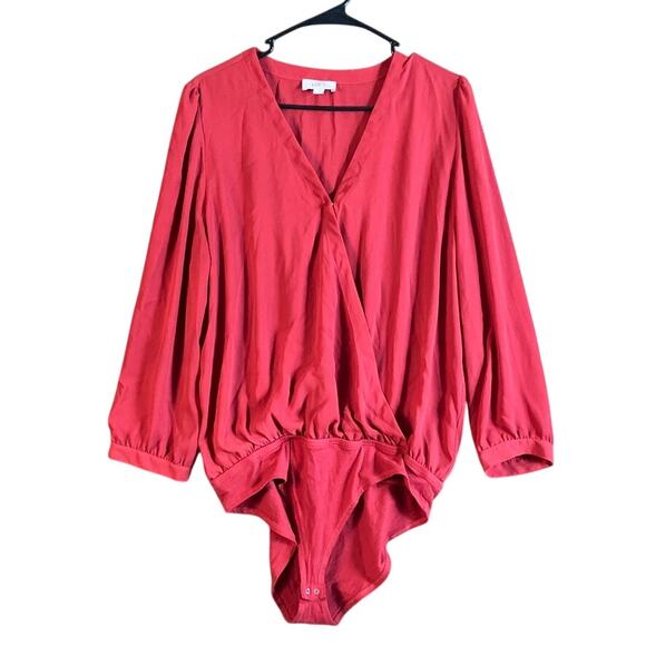 LOFT Womens Bodysuit Blush Red Flowy V Neck Long Sleeve Sheer Stretch Large - Picture 1 of 13